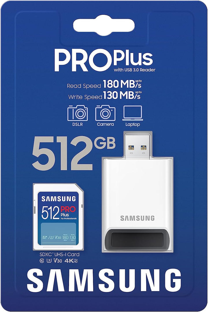 Samsung PRO Plus SD-Karte, 512 GB, UHS-I U3, Full HD & 4K UHD, 180 MB/s Lesen, 130 MB/s Schreiben, S