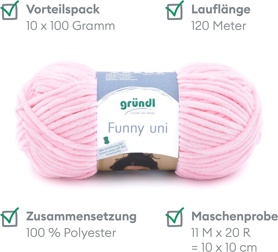 Gründl Funny uni Strick- &amp; Häkelgarn (samtartiges Chenille-Garn aus 100 % Polyester, 10 x 100 g / 12