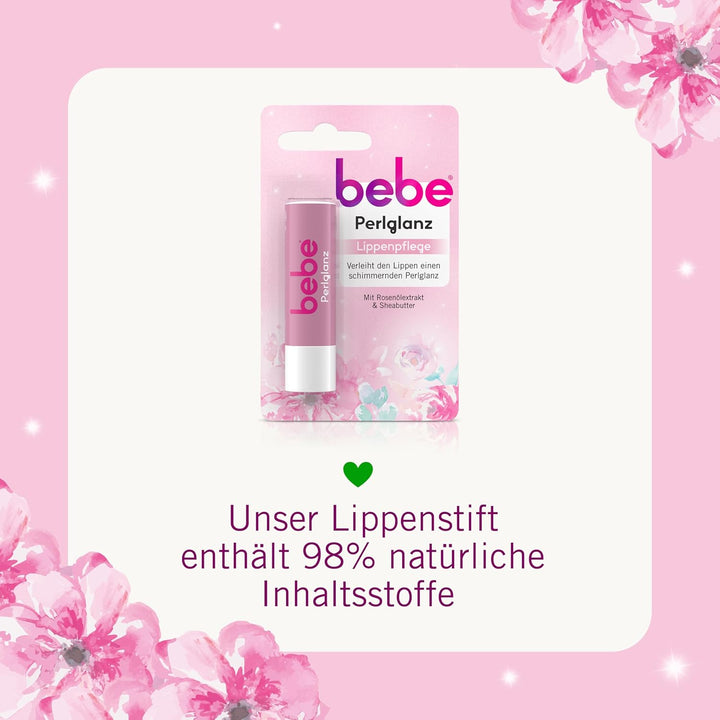 bebe Perlglanz Lippenpflege, Lippenpflegestift mit Rosenölextrakt und Sheabutter, verleiht den Lippe