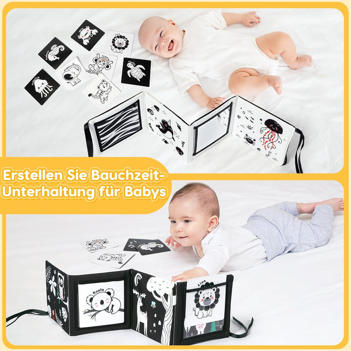 URMYWO Kontrastkarten Baby, Schwarz Weiss Doppelseitig Baby Stoffbuch, Kontrastbuch für Neugeborene
