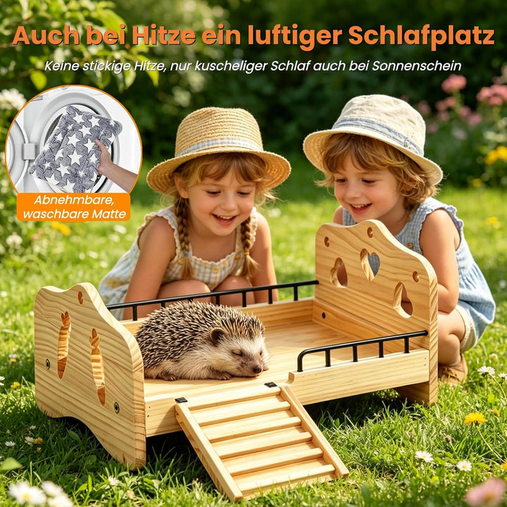 Meerschweinchen Bett Holz mit Treppe, Geländer und Matte, Zwergkaninchen Bettchen Kuschelkissen, Kan