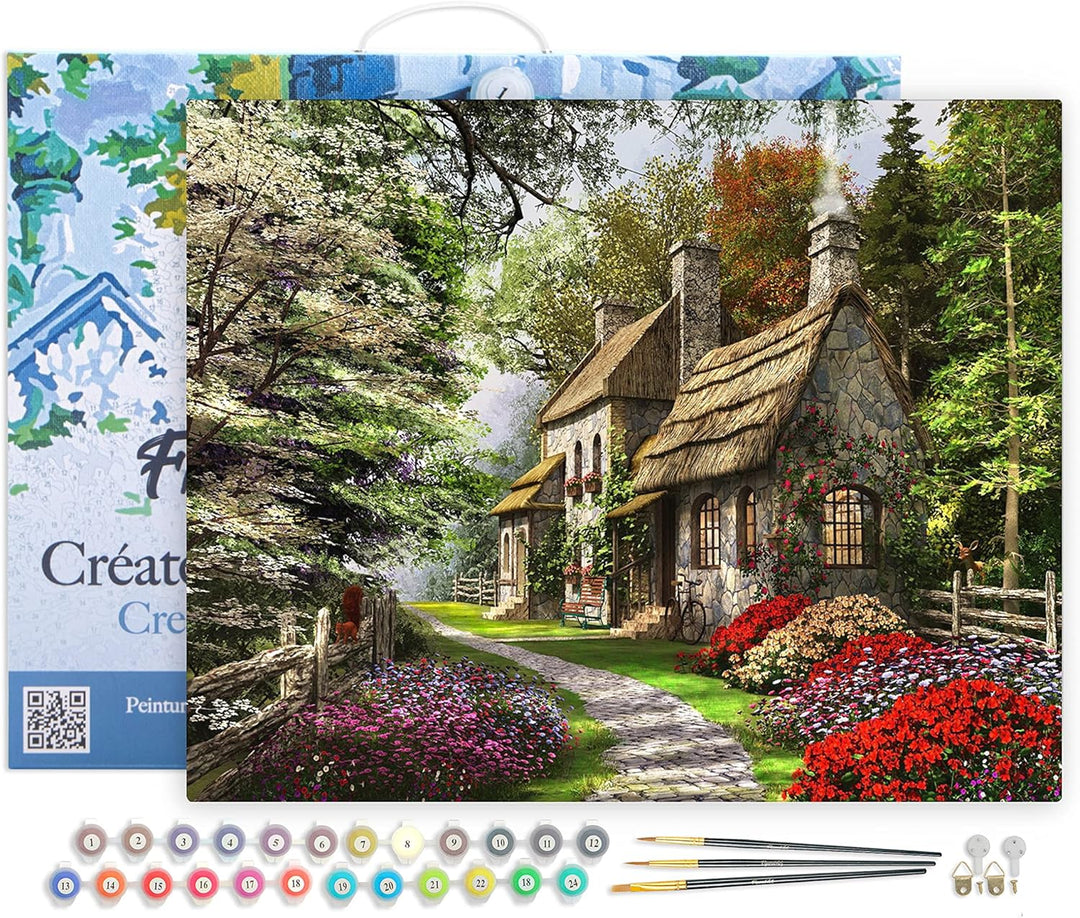Figured'Art Malen Nach Zahlen Erwachsene Mit Rahmen Hütte auf dem Land - Paint by Numbers Basteln DI