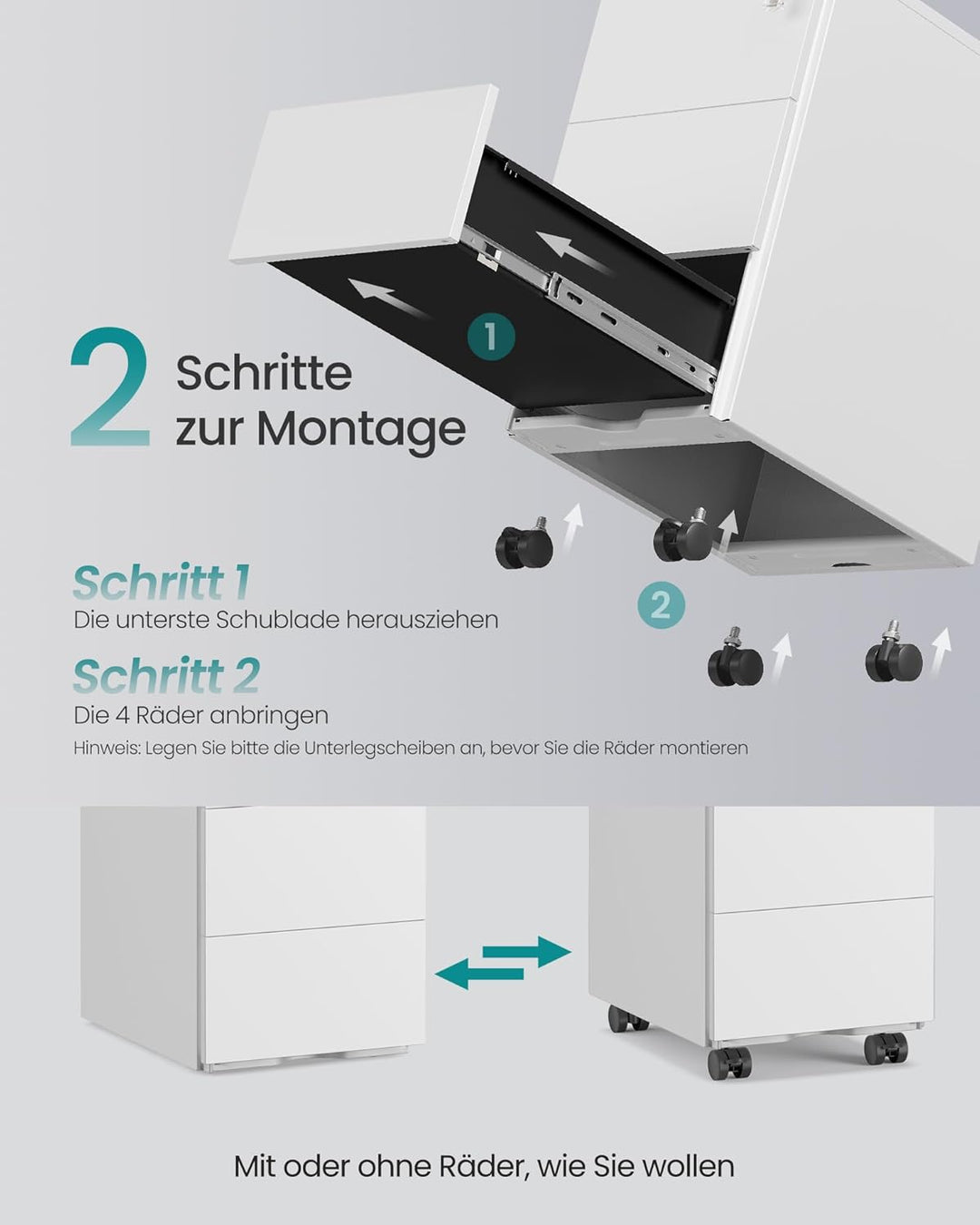 SONGMICS Schubladenschrank, Rollcontainer, mobiler Aktenschrank, Metallschrank, Druckertisch, abschl