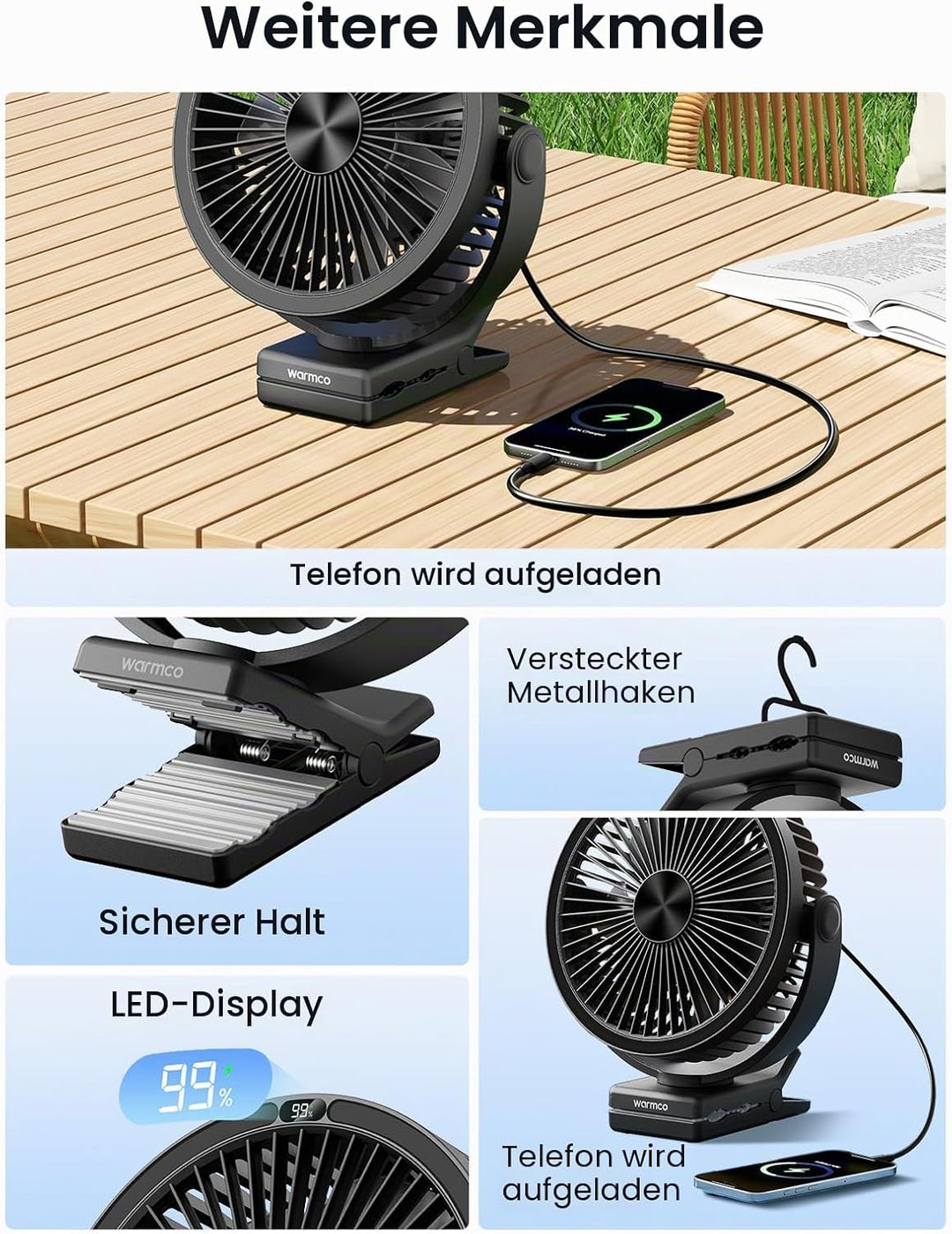 Warmco Tragbarer Tischventilator mit 10000 mAh, 720° Drehung & 3-in-1-Montage – 4 Geschwindigkeitsst