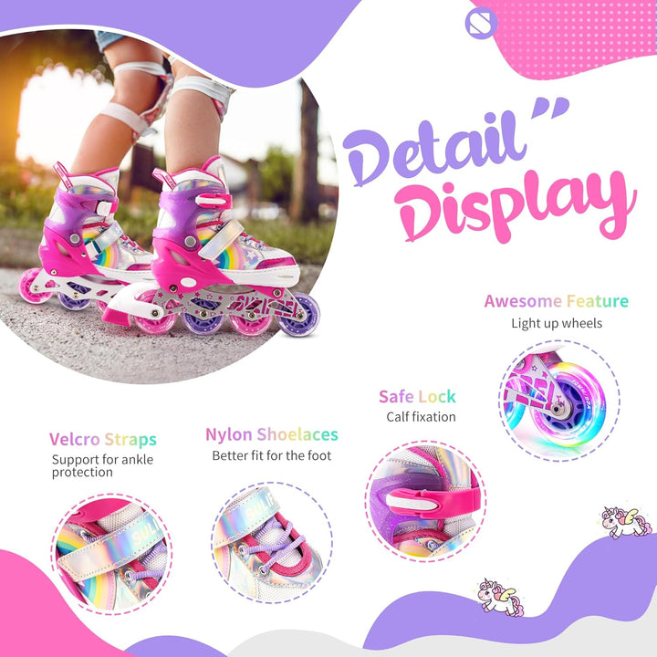 SULIFEEL Rainbow Unicorn Verstellbare Schwarz Rollschuhe für Kinder mit Leuchtenden Rädern für Junge