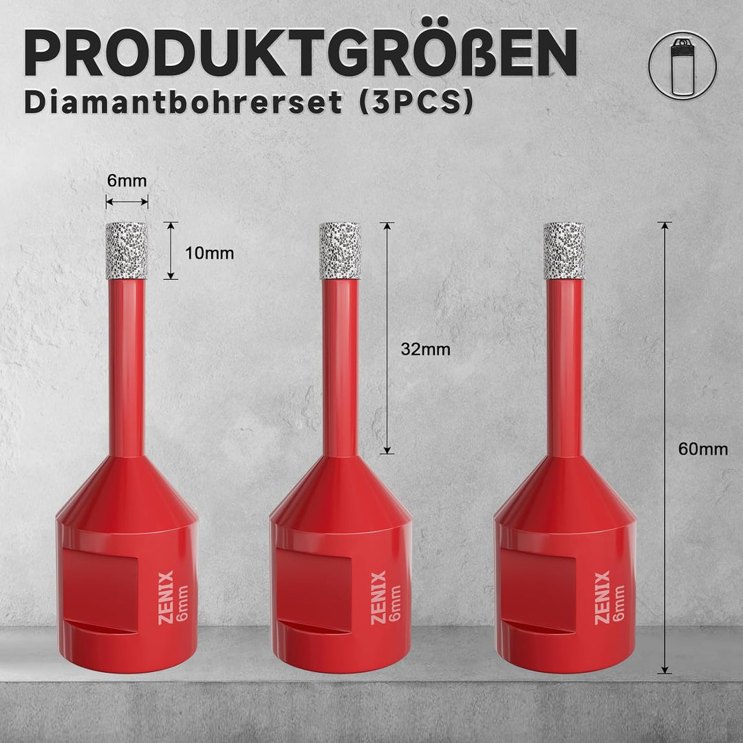 Diamant Fliesenbohrer 6 mm 3 Stück mit M14 Gewinde Für Fliesen, Porzellan, Keramik, Marmor &amp; Granit