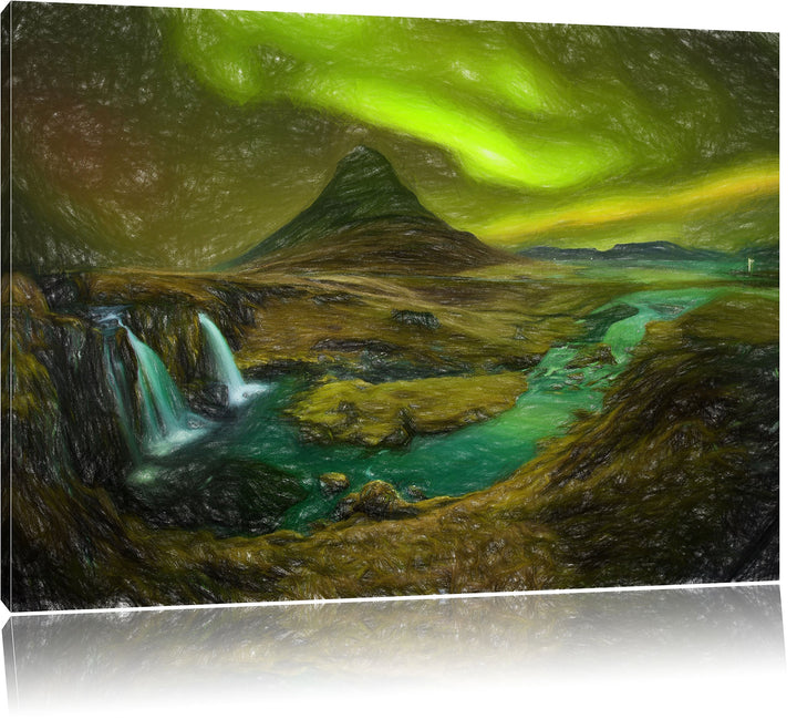 Pixxprint Kirkjufell Wasserfall als Leinwandbild/Grösse: 100x70 / Wandbild/Kunstdruck/fertig bespann