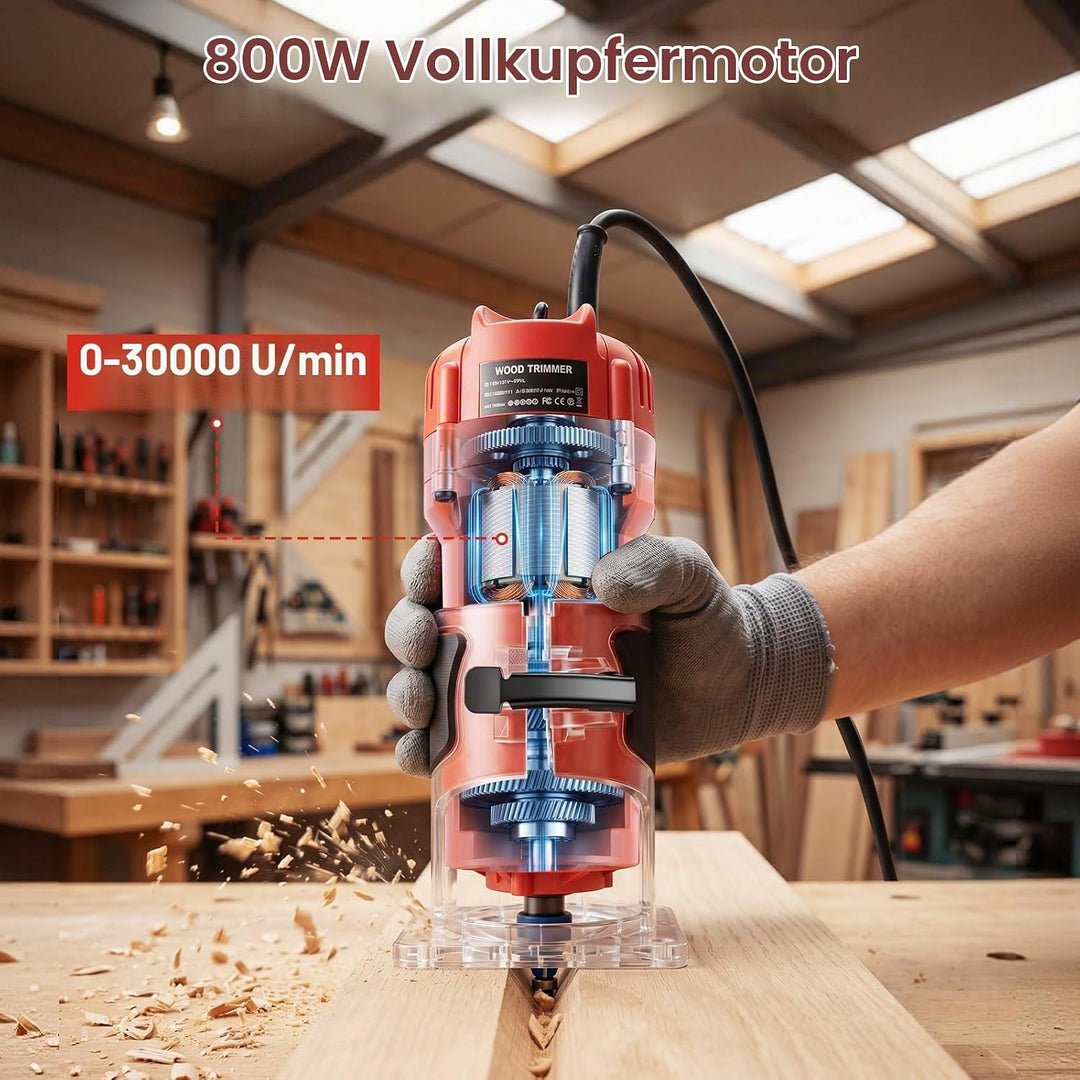 Oberfräse Trimmer 800W, 30000 U/min Einhandfräse Kantenfräse Holz Multifunktionsfräse, Handfräsmasch