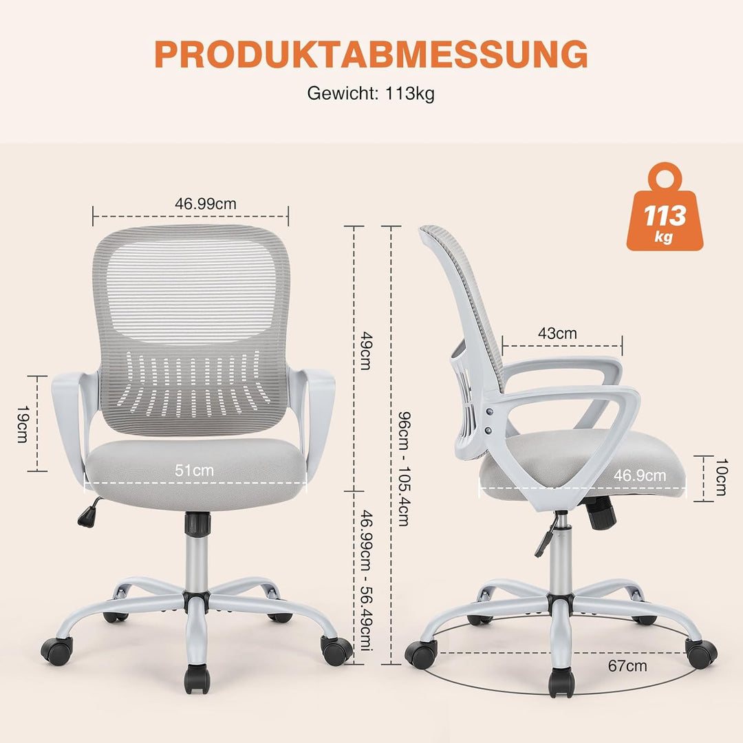 Sweetcrispy Bürostuhl Ergonomisch, Schreibtischstuhl mit Lendenwirbelstütze, Verstellbaren Armlehnen