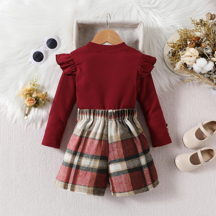 Kleinkind Baby Mädchen Kleidung Langarm Gerippte Oberteile Plaid Tweed Muster Rock Baskenmütze Herbs