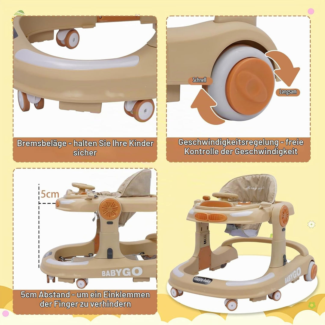 4 in 1 Lauflernhilfe, Baby Walker Höhenverstellbar, Gehhilfe mit Esstablett, Spielcenter, Bodenmatte