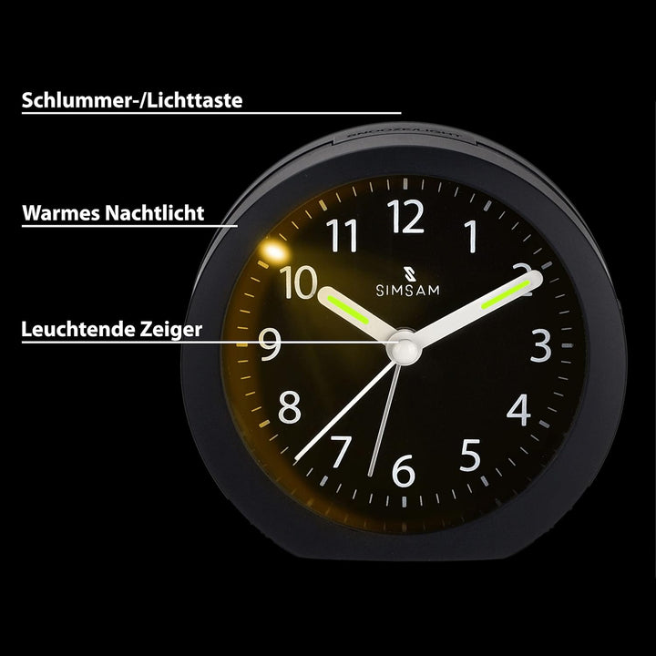 SIMSAM Wecker Analog ohne Ticken mit Batterie, Licht (Schwarz-Schwarz), Schwarz-schwarz