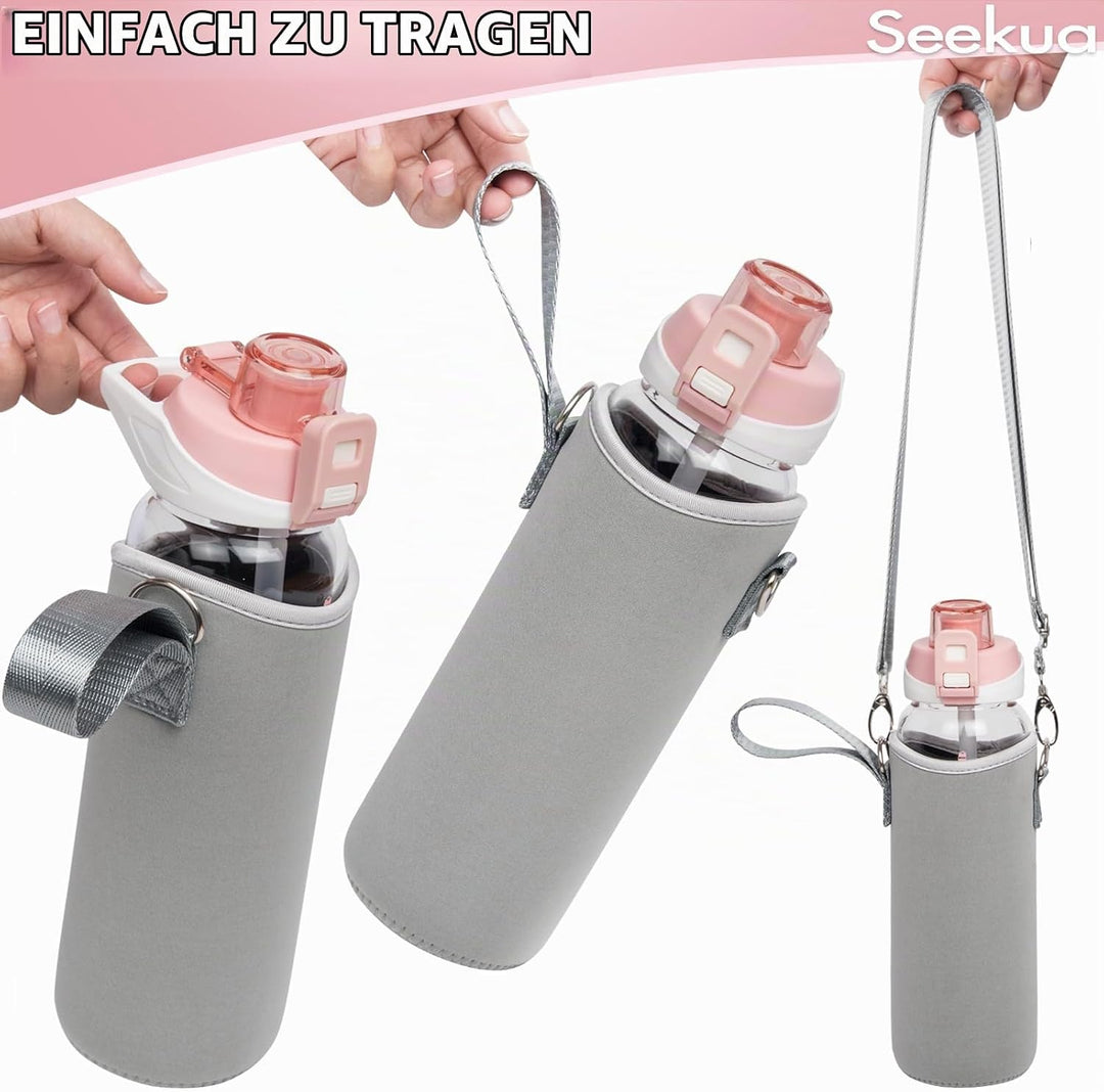 Seekua 0.8l Sport Trinkflasche Glas Flasche mit Strohhalm &amp; Zeitmarkierung 800ml auslaufsicher bpa f
