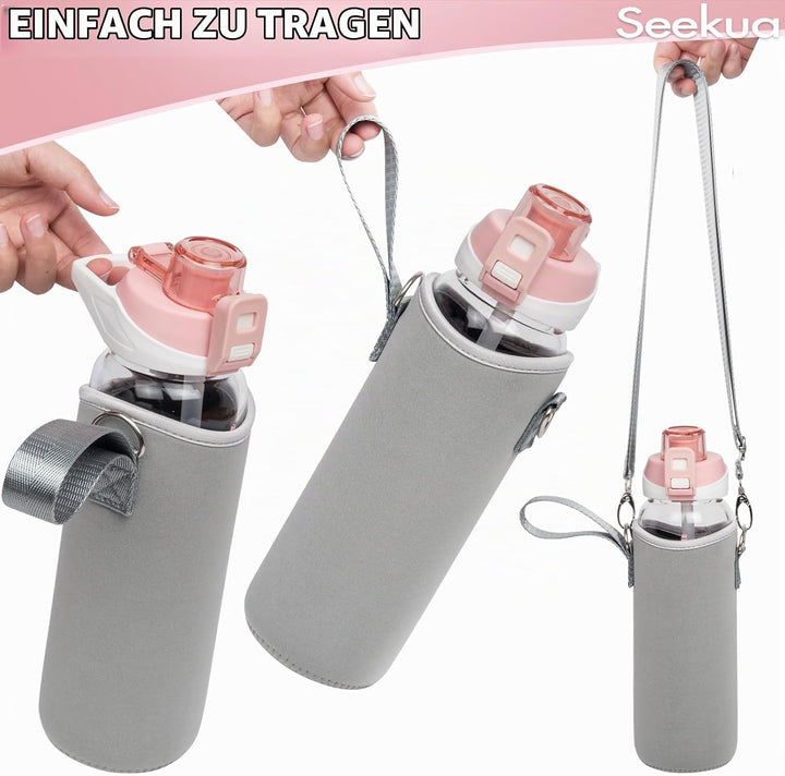 Seekua 0.8l Sport Trinkflasche Glas Flasche mit Strohhalm &amp; Zeitmarkierung 800ml auslaufsicher bpa f