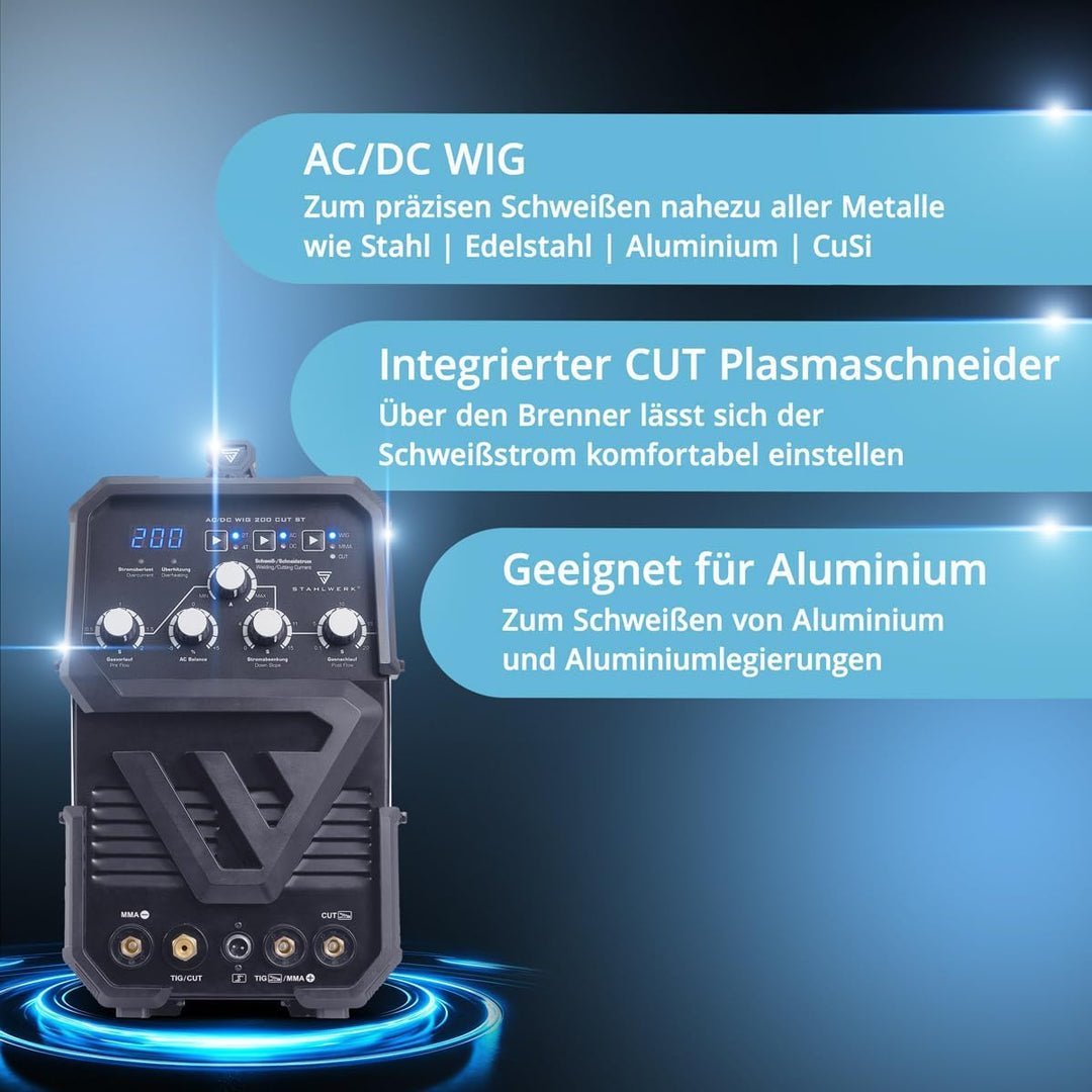 STAHLWERK Schutzgasschweissgerät 3-in-1 Kombi AC/DC WIG 200 CUT ST - WIG & MMA bis 200 A, Plasmaschn