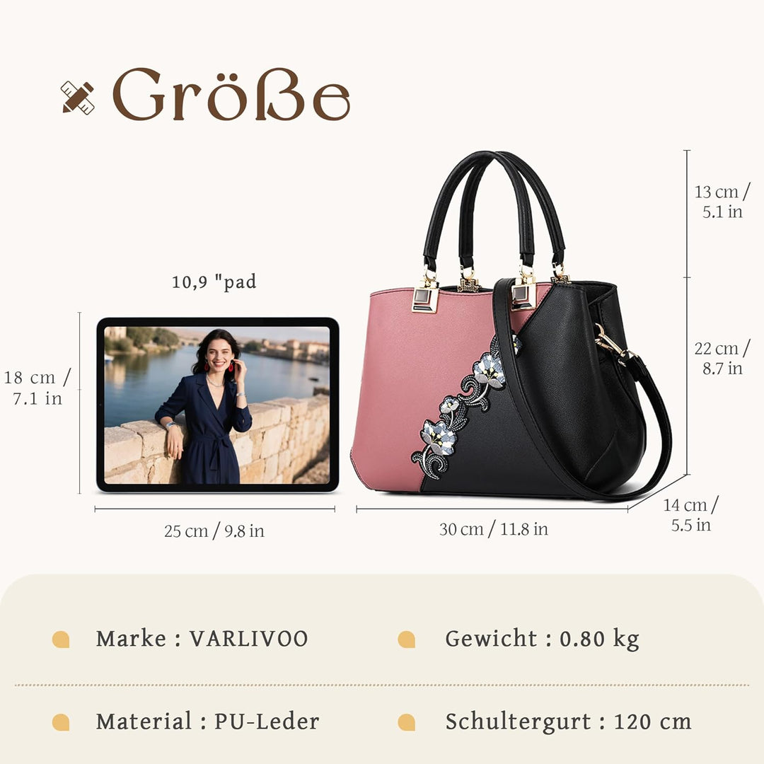 VARLIVOO Damen Handtasche Schultertasche Blumenmuster Frauen Umhängetasche Pom Pom Dekoration Shoppe