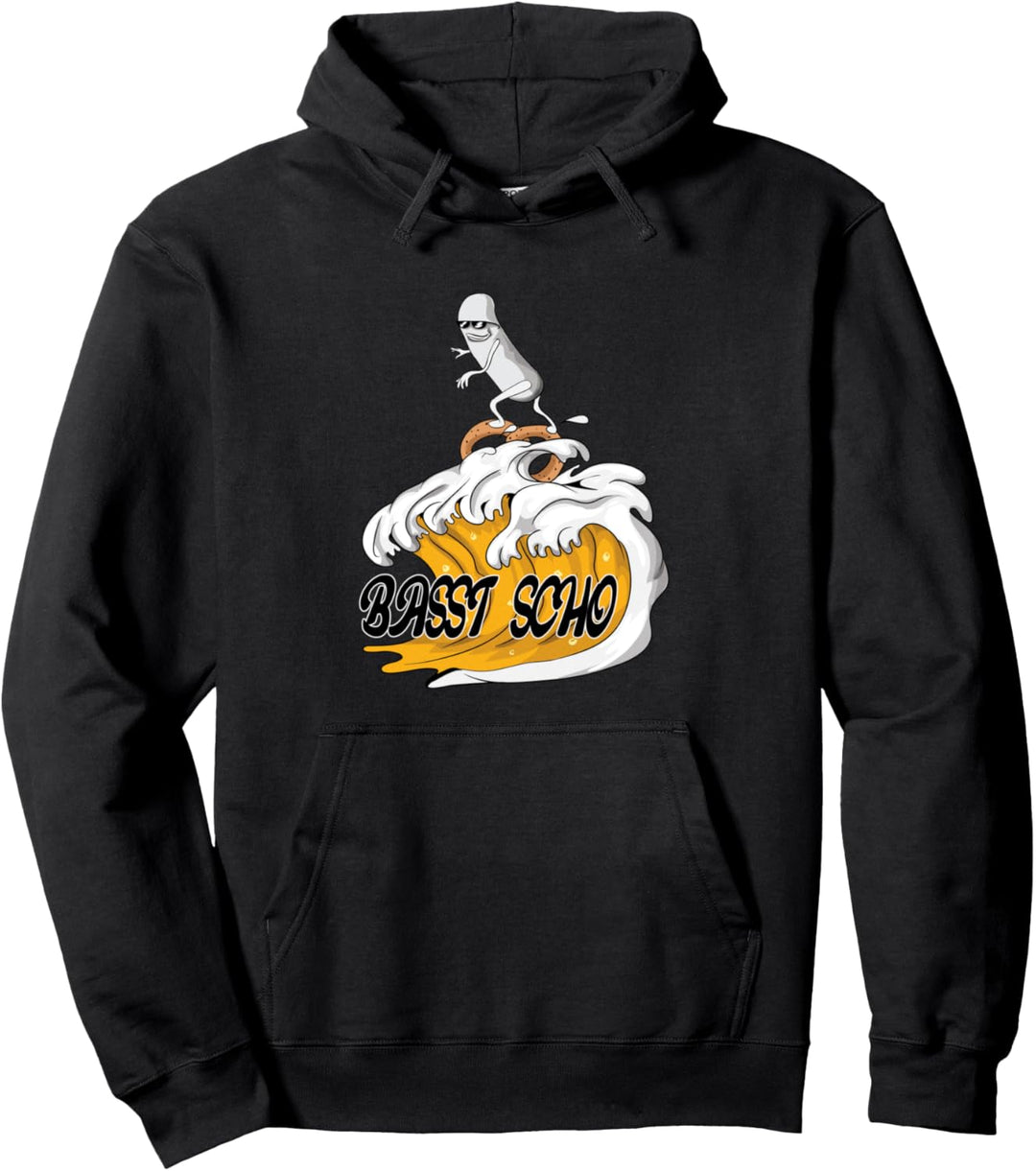 Hefeweizen Welle mit Surfende Weisswurst basst scho Brezel Pullover Hoodie