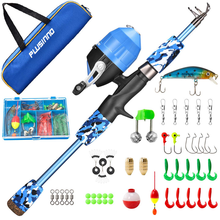 PLUSINNO Angel Set für Kinder,Angelset Kinder,Angelrute Set Kinder mit Angelrolle und Köder Set Blau