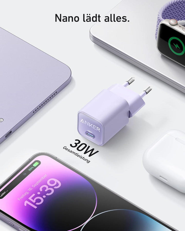 Anker 30W USB C Ladegerät, GaN 511 Nano 3, PIQ 3.0 PPS Schnellladegerät für iPhone 17/Pro/Pro Max/iP