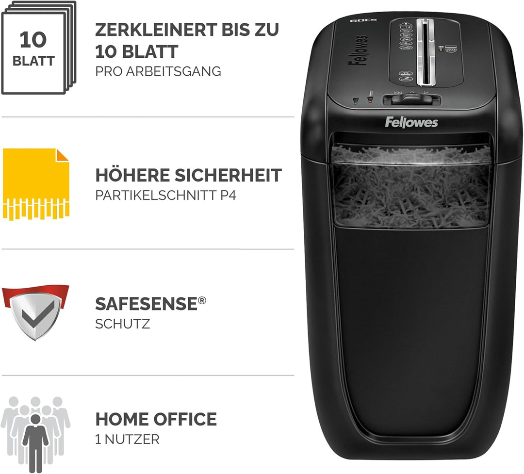 Fellowes Aktenvernichter Powershred 60Cs, Partikelschnitt (P-4), 10 Blatt, für Zuhause/Home Office,