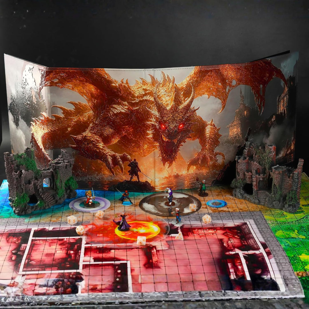 DND DM Screen 8 Panels with Embossed Fabric 2 Swinging Wet Erase Pockets and 8 Cheat Sheets Dungeon