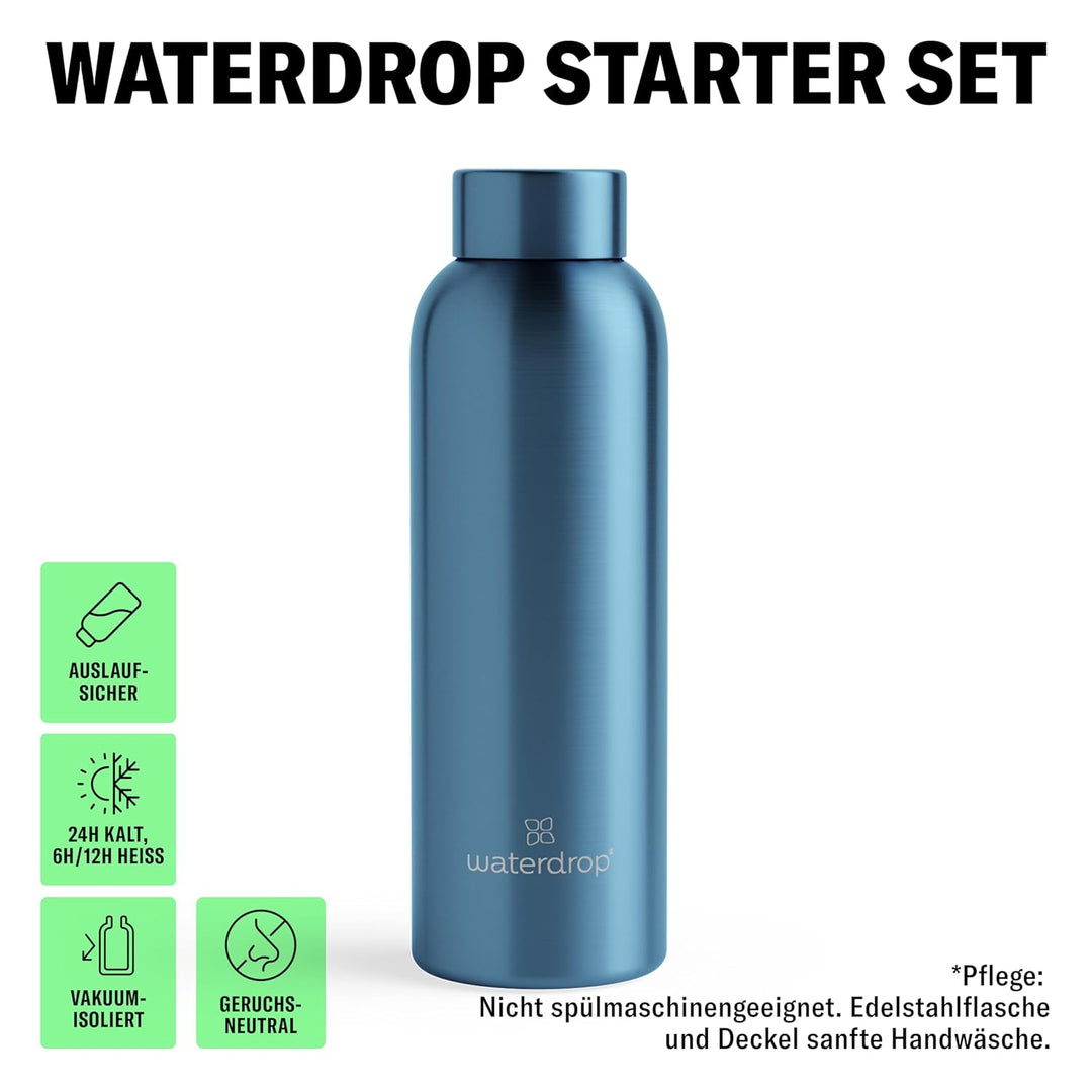 waterdrop® Starter Set - 600ml Trinkflasche mit Geschmack inkl. 18 zuckerfreie Drops - Geschenk für