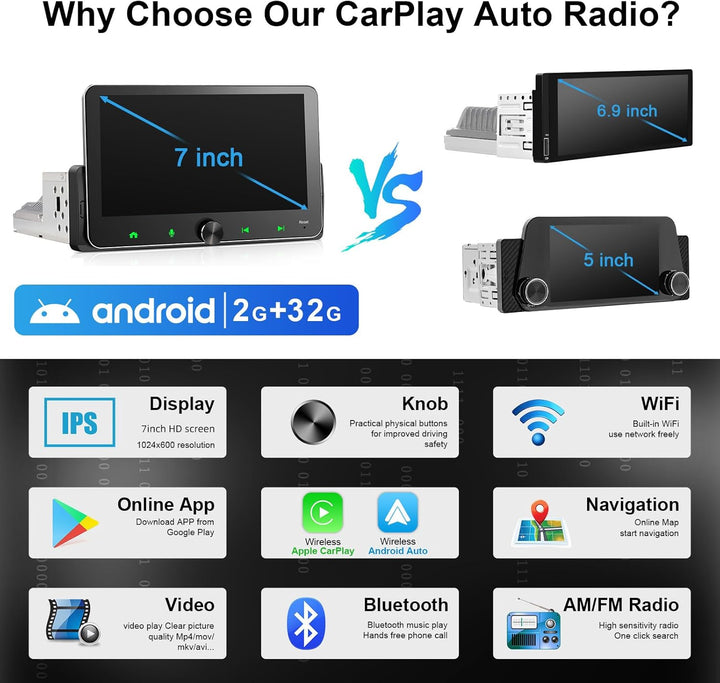 Android Autoradio 1Din Wireless CarPlay Android Auto Radio mit Bildschirm 7 Zoll 2G+32G Car Play Tou