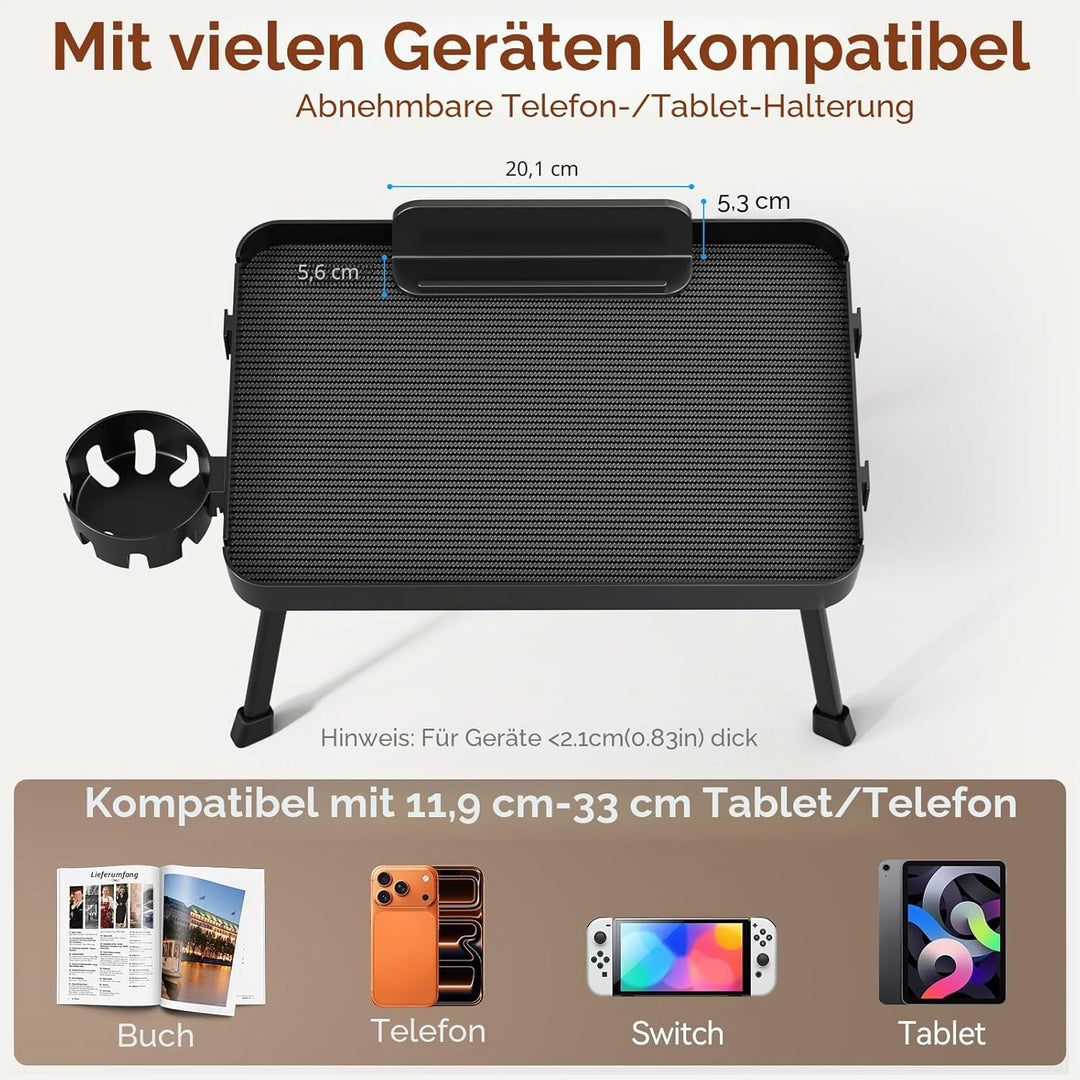 KDD Betttablett Tisch mit Klappbaren Beinen, Frühstückstablett fürs Bett mit Abnehmbarem Getränkehal