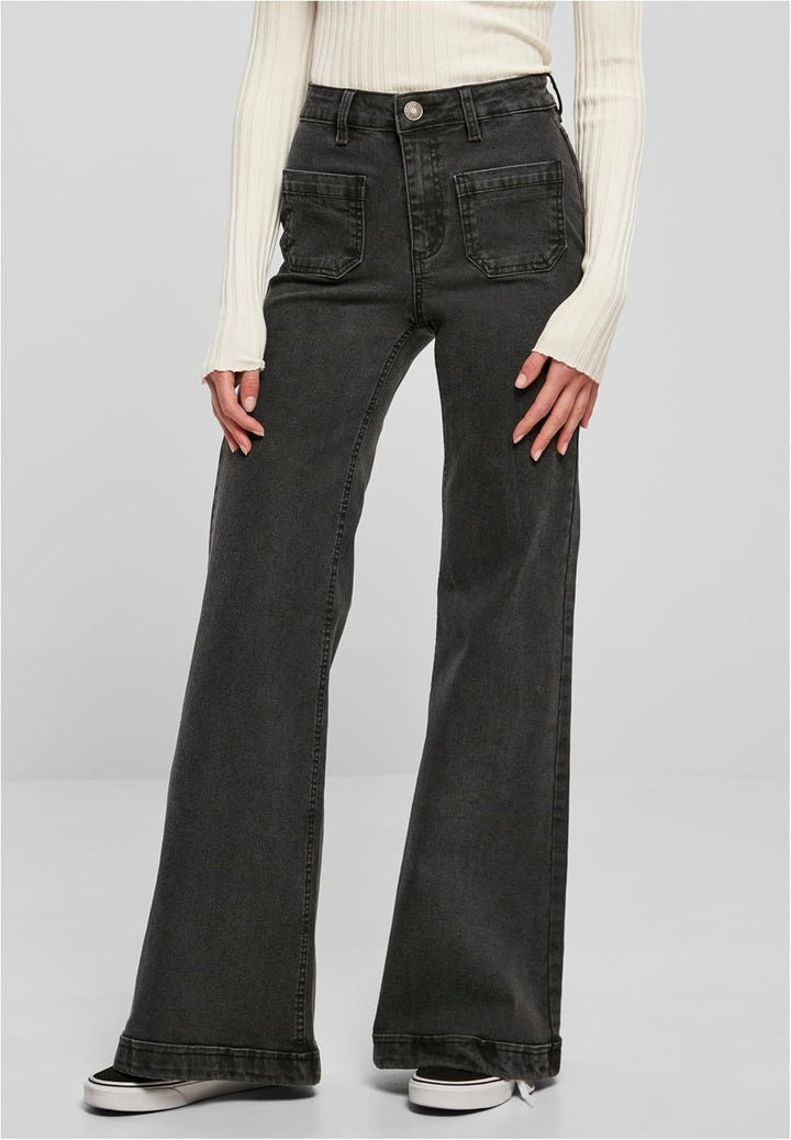 Urban Classics Damen Ladies Vintage Flared Denim Pants Hose 26 Black Washed, 26 Black Washed