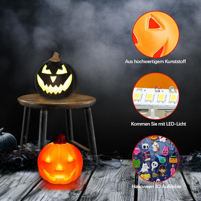 Kazaigou 2 Stück LED Kürbis Deko Kürbis Kunststoff mit 2 Stück Halloween 3D Aufkleber, Halloween Dek