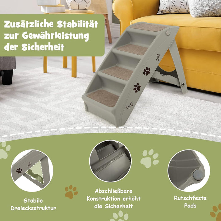 COSTWAY 4-stufige Haustiertreppe mit Teppichboden, Hundetreppe Kunststoff Katzentreppe faltbar, Hund