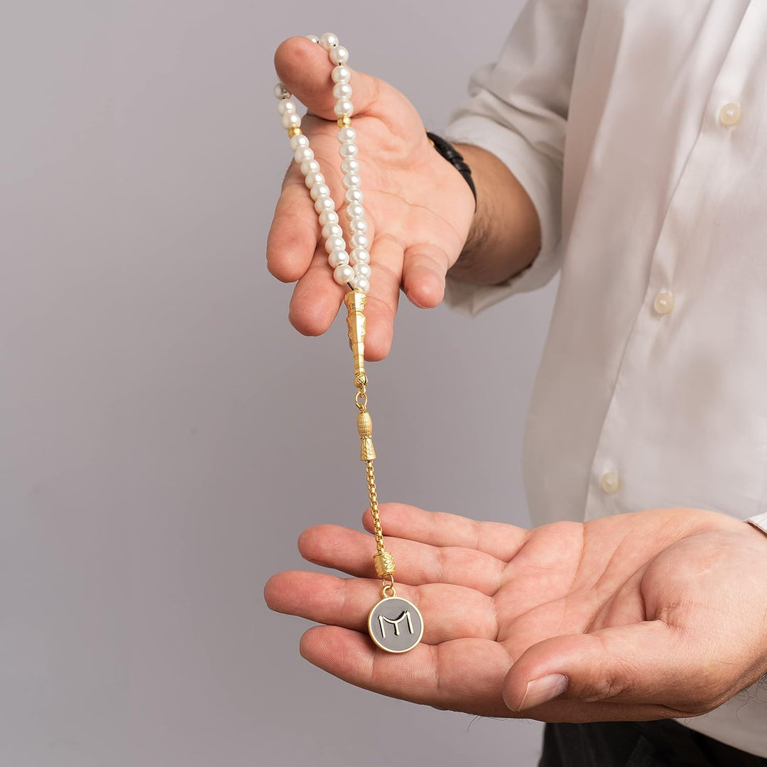 Gök-Türk Elegante Gebetskette/Tesbih mit Schatulle/Tesbih Box - mit goldfarbenem Anhänger 'IYI' Kayi