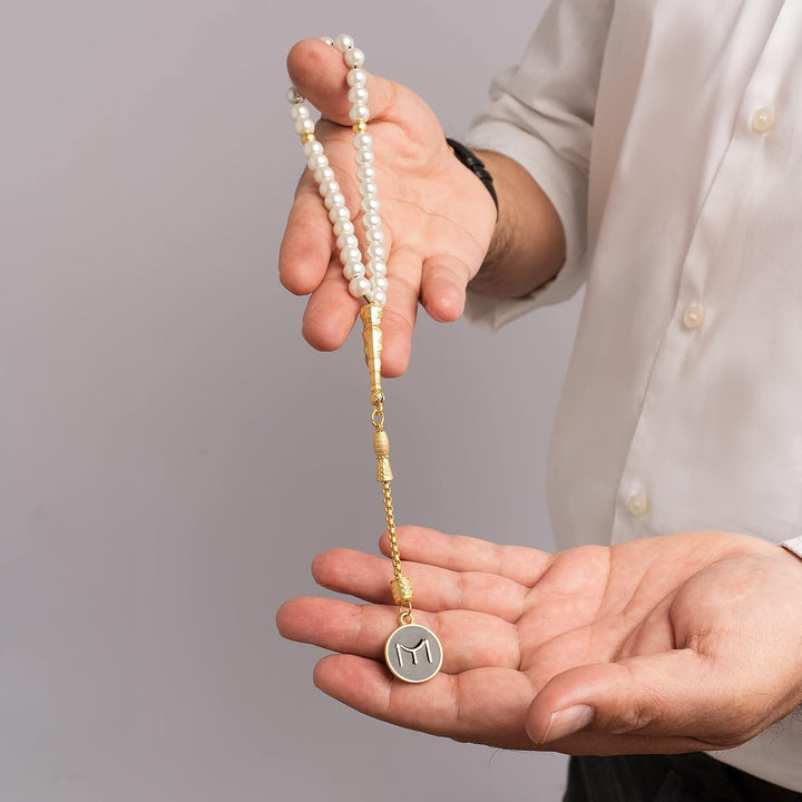 Gök-Türk Elegante Gebetskette/Tesbih mit Schatulle/Tesbih Box - mit goldfarbenem Anhänger 'IYI' Kayi