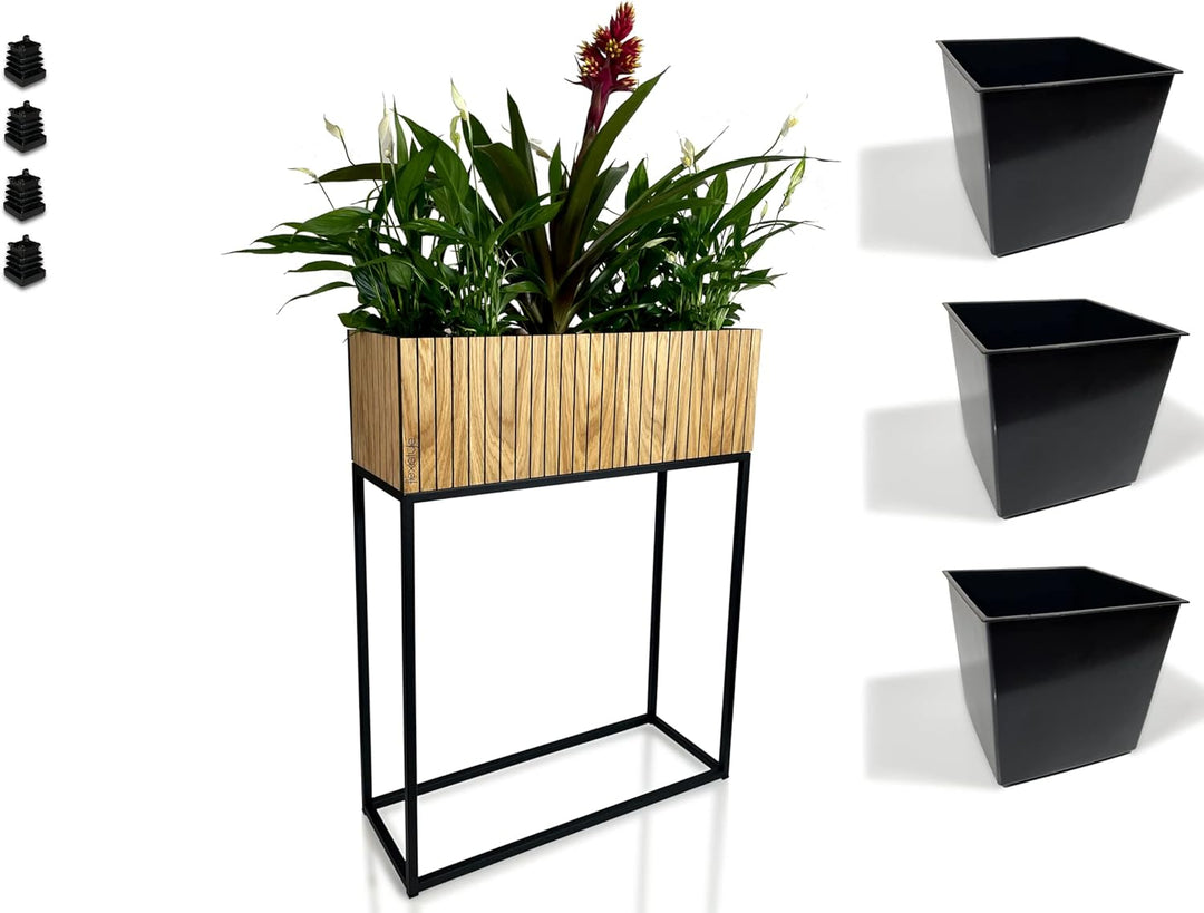 FLEXISTYLE Pflanzenständer LOFT FIORINO Metall Eiche Holz Lamelle Blumenständer Schwarz Blumentopf m