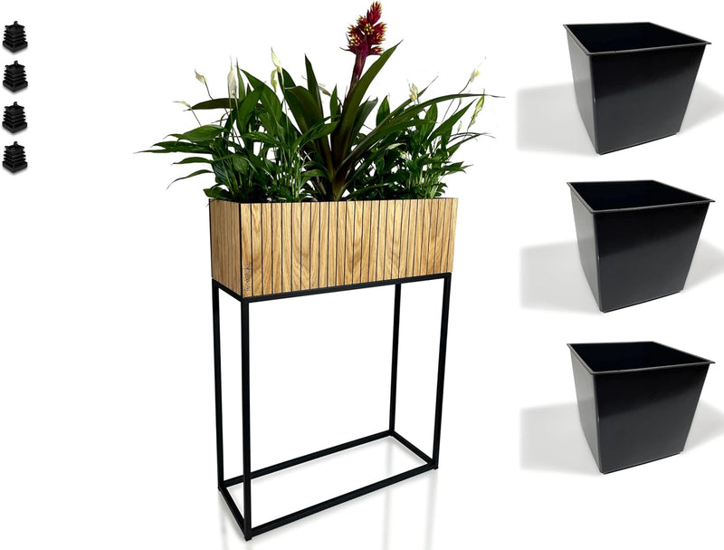 FLEXISTYLE Pflanzenständer LOFT FIORINO Metall Eiche Holz Lamelle Blumenständer Schwarz Blumentopf m
