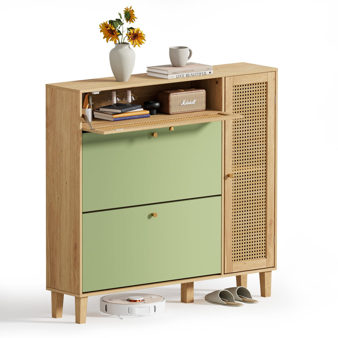 UEV Schuhschrank mit 4 Klappen 107x24x105cm, Schuhkipper schmal ratten Schuhkommode im Flur, platzsp