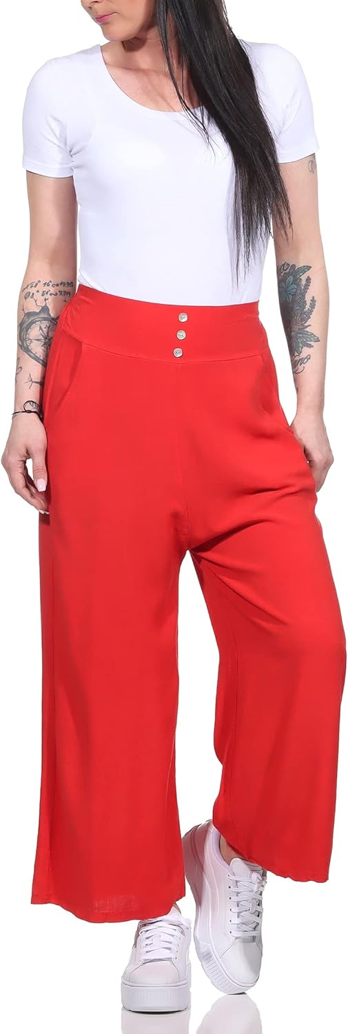 Damen Hose Marlenehose Palazzo luftige Sommerhose Boho Hippie 7/8 Schlaghose, 36-40 Rot