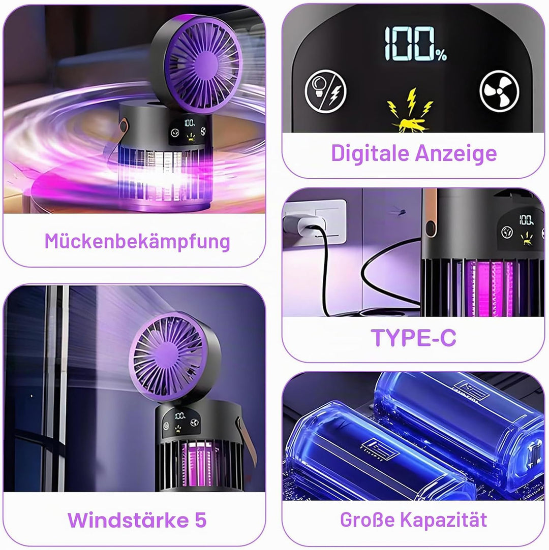 USB-Tischventilator, Mückenvernichter, für Haus, Büro, Camping | Tischventilator leise, 5-Stufen, Ak
