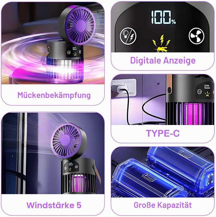 USB-Tischventilator, Mückenvernichter, für Haus, Büro, Camping | Tischventilator leise, 5-Stufen, Ak