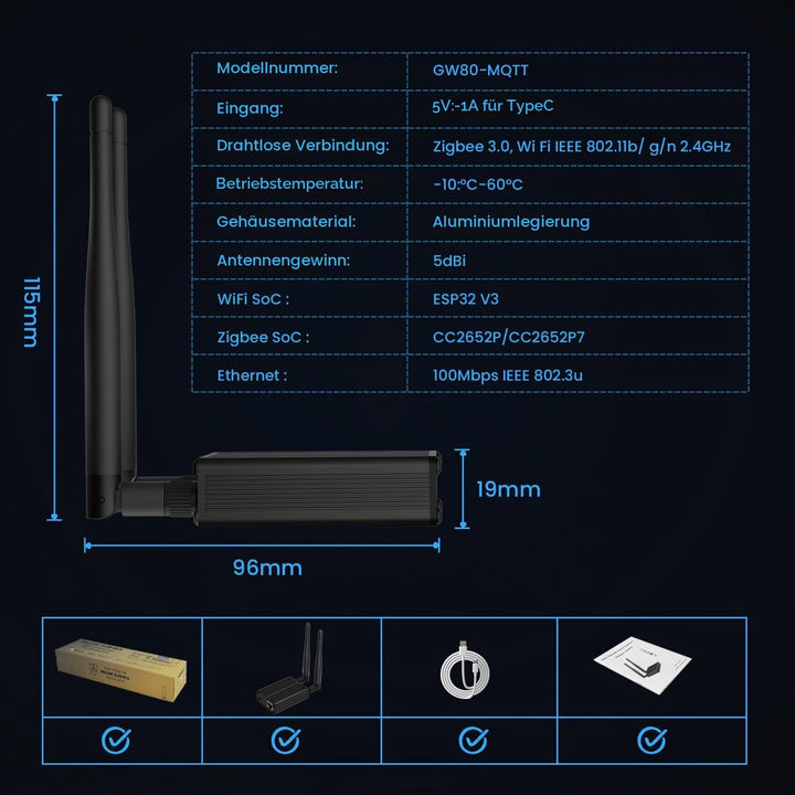 AVATTO Zigbee/Thread Dongle Plus Gateway unterstützt Ethernet, Wi-Fi und USB Verbinden Home Assistan