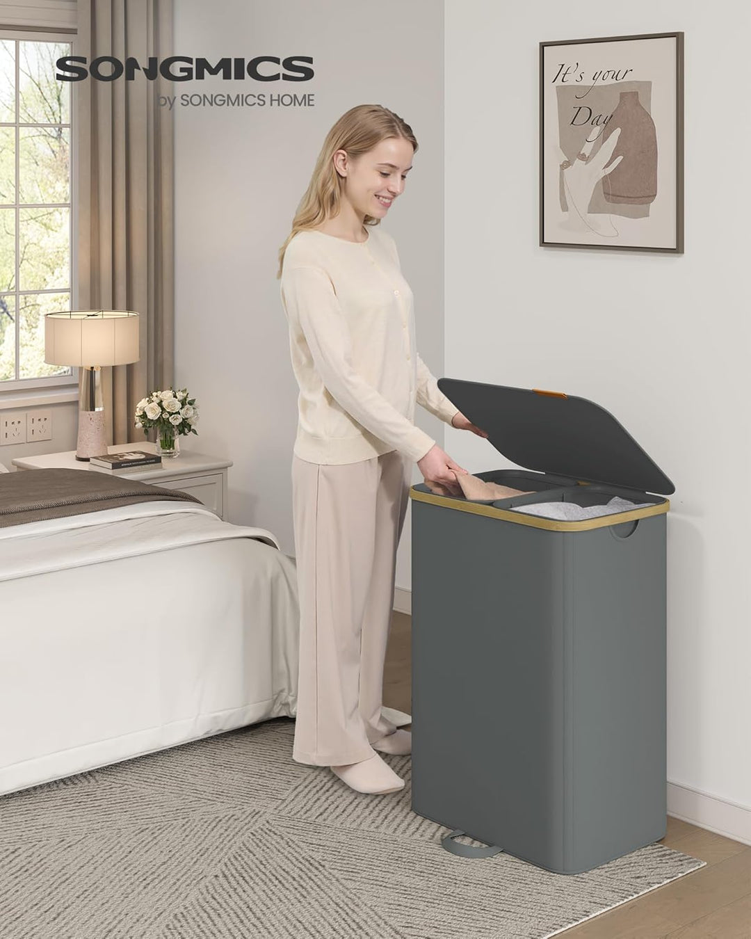 SONGMICS Wäschekorb mit Deckel, Wäschesammler, Wäschesortierer, Wäschetonne, Wäschesack herausnehmba