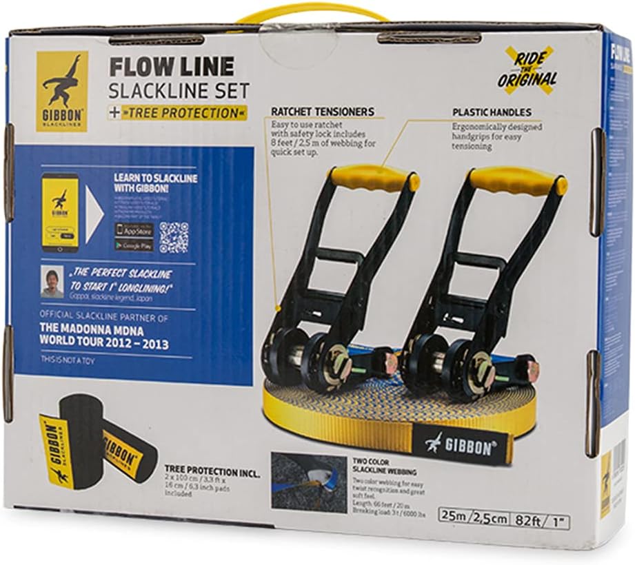 Gibbon 18222 Slackline Flowline Tree Wear Set, 25 m (85,6 Fuss), Kernbalance, Training, Camping, dra