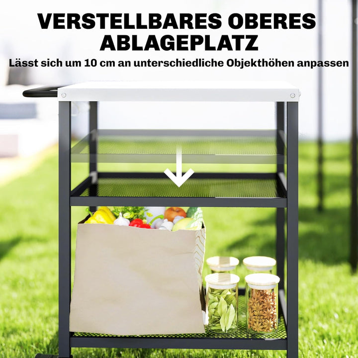Outsunny Grillwagen 3-Etagen Servierwagen mit Arbeitsfläche verstellbar Ablagen Haken Räder, BBQ Gri