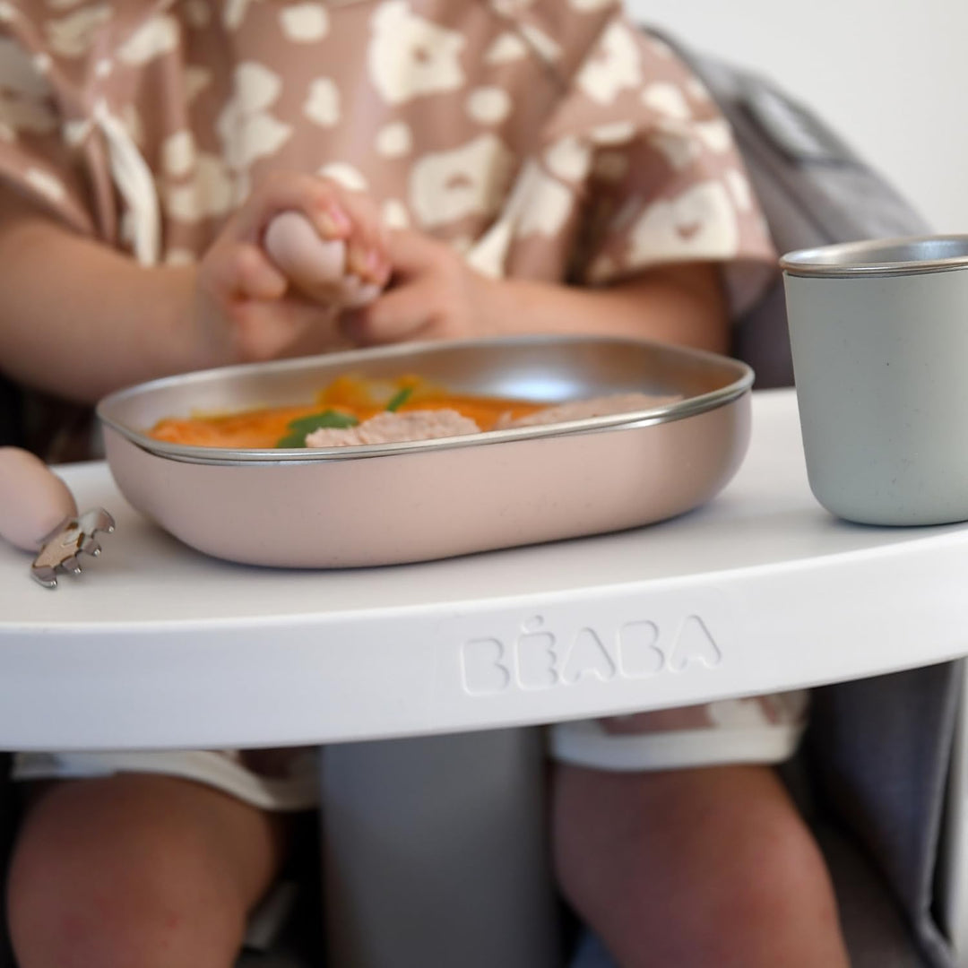 BÉABA Baby-Essensset Edelstahl 3-teilig – Glas + 2 Teller mit Silikonhülle, Mikrowellen- & Spülmasch