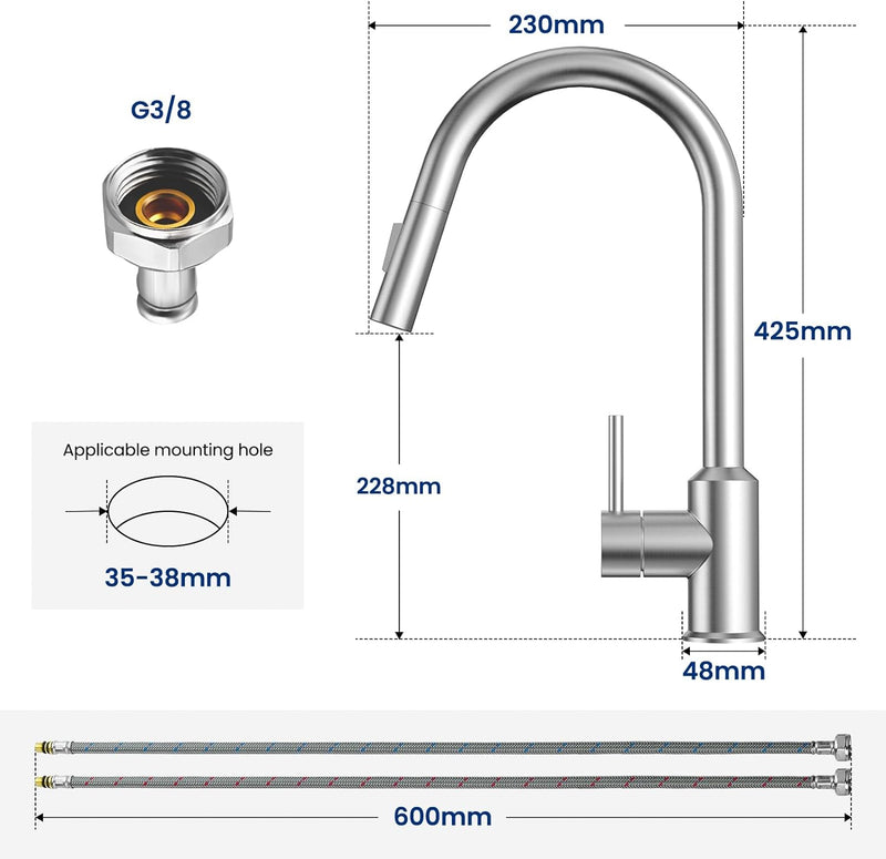 CECIPA Niederdruck Armatur Küche Ausziehbar, Wasserhahn Küche 3 Anschlüsse mit Hohem Bogen, 360°Schw