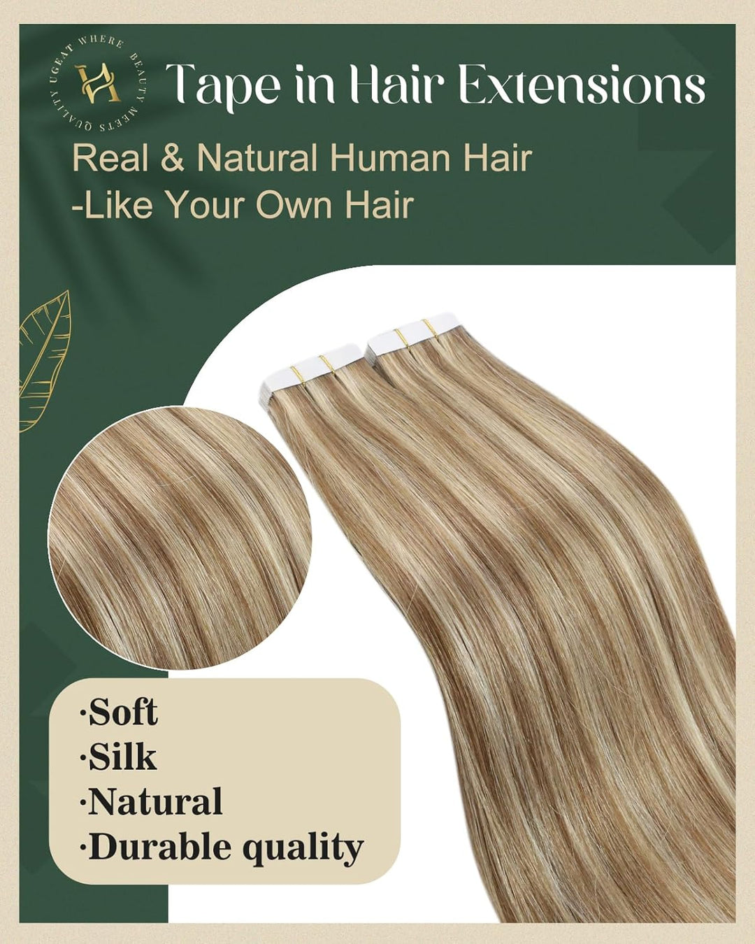 Ugeat Extensions Tape in Echthaar Highlight Tape in Extensions Echthaar Braun mit Bleichblond Extens