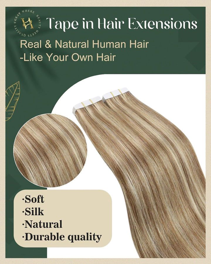 Ugeat Tape Extensions Echthaar Blond Haarverlängerung Echthaar Goldbraun mit Platinblond Invisible T