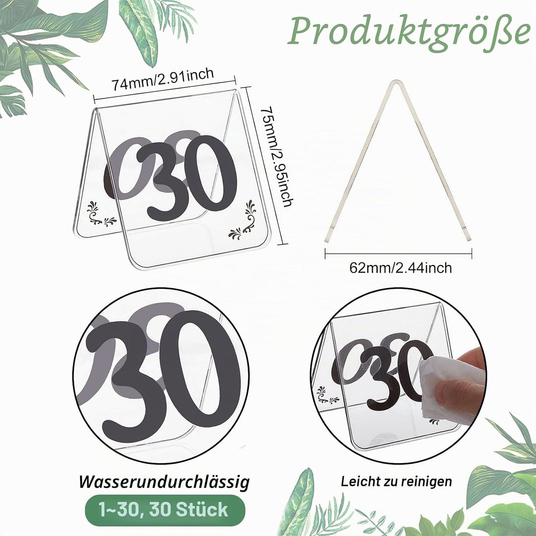 OLYCRAFT 30 Stück Acryl Zelt Tabelle Zahlen 1-30 Doppelseitige Tabelle Zahlen Schilder Nummer Tabell