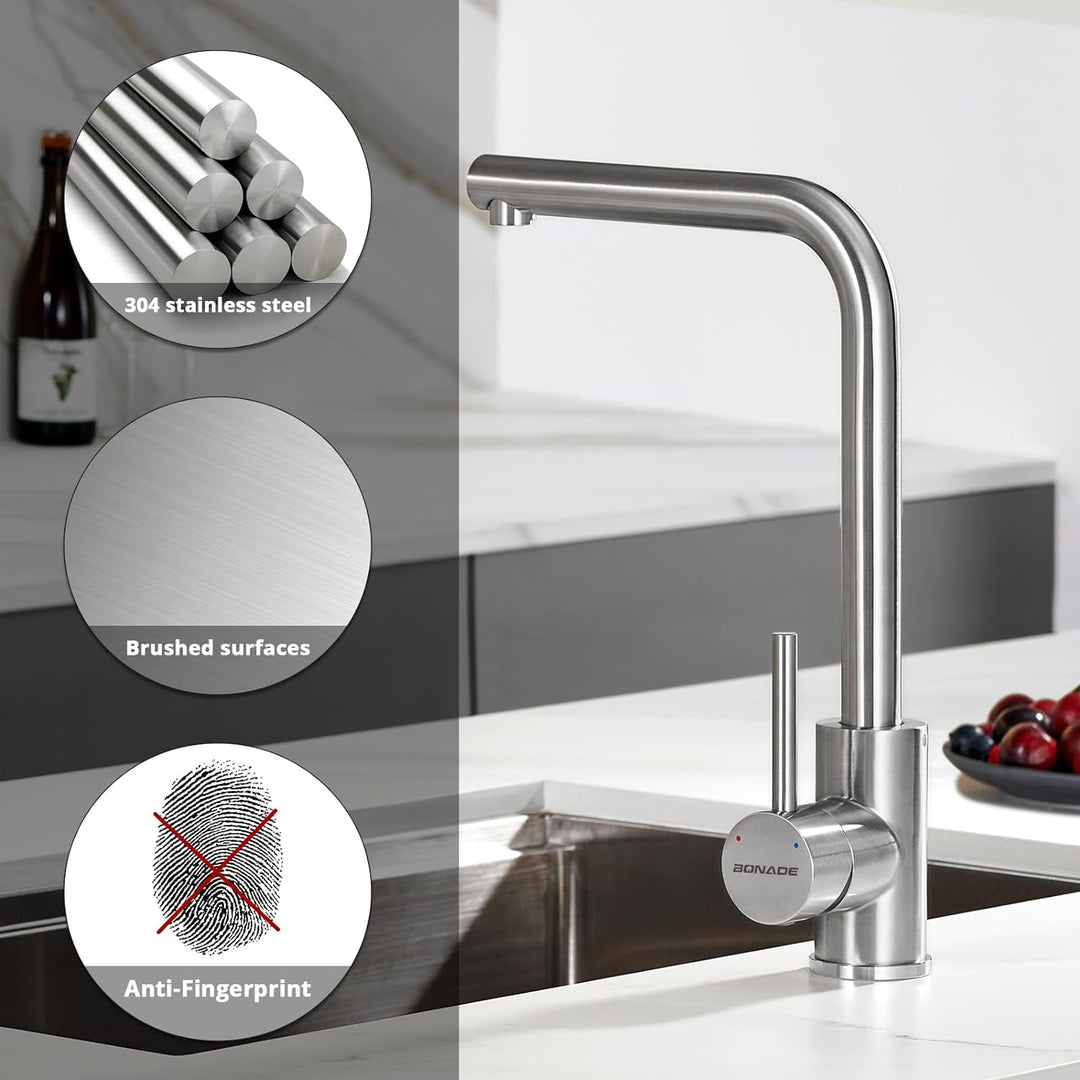 BONADE Niederdruck Armatur Küche aus Edelstahl 304, Küchenarmatur Niederdruck 360° Schwenkbare Misch