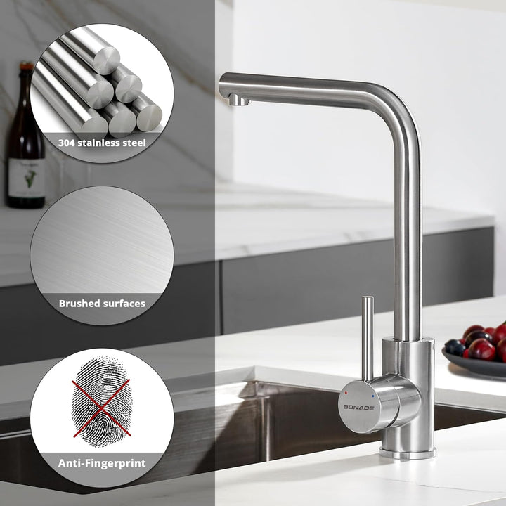 BONADE Niederdruck Armatur Küche aus Edelstahl 304, Küchenarmatur Niederdruck 360° Schwenkbare Misch